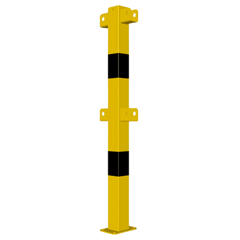 Gele tussenstaander veiligheidsrailing 70x70 mm met zwarte strepen, op voetplaat, modulair systeem.
