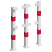 Witte en rood gemarkeerde veiligheidsrailing palen, 70x70 mm, op voetplaat, modulair systeem.