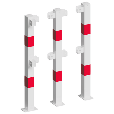 Witte en rood gemarkeerde veiligheidsrailing palen, 70x70 mm, op voetplaat, modulair systeem.