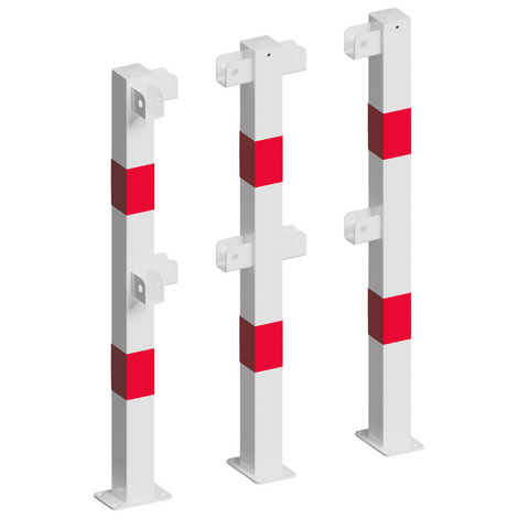 Witte en rood gemarkeerde veiligheidsrailing palen, 70x70 mm, op voetplaat, modulair systeem.