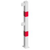 Witte-rode veiligheidsrailing eindstaander 70x70 mm met voetplaat en modulaire bevestigingspunten.