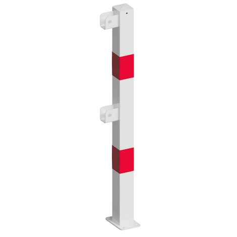 Witte-rode veiligheidsrailing eindstaander 70x70 mm met voetplaat en modulaire bevestigingspunten.