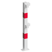 Witte en rood gestreepte 70x70 mm veiligheidsrailing hoekstaander op voetplaat.