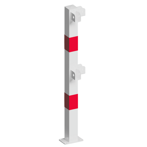 Witte en rood gestreepte 70x70 mm veiligheidsrailing hoekstaander op voetplaat.