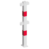 Witte tussenstaander veiligheidsrailing, 70x70 mm, met rood-witte markering en voetplaat.