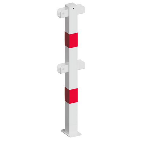 Witte tussenstaander veiligheidsrailing, 70x70 mm, met rood-witte markering en voetplaat.