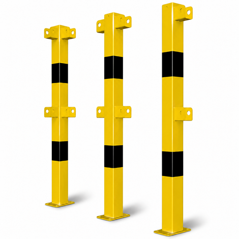 Drie gele en zwarte veiligheidsrailingen 70x70 mm met voetplaat, modulair systeem.