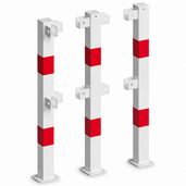 Witte en rood gemarkeerde veiligheidsrailing palen, 70x70 mm, op voetplaat, modulair systeem.
