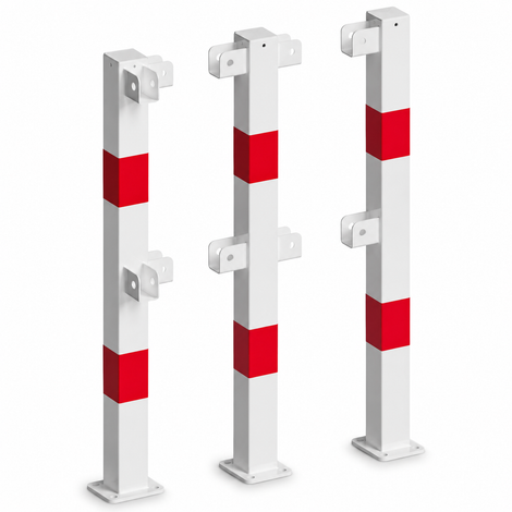 Witte en rood gemarkeerde veiligheidsrailing palen, 70x70 mm, op voetplaat, modulair systeem.