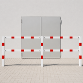 Witte en rood gestreepte veiligheidsrailing, 70x70 mm, op voetplaat, modulair systeem.