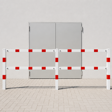Witte en rood gestreepte veiligheidsrailing, 70x70 mm, op voetplaat, modulair systeem.
