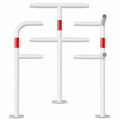 Witte, modulaire veiligheidsrailing Ø48 mm met rood reflecterende banden, op voetplaat, in diverse configuraties.