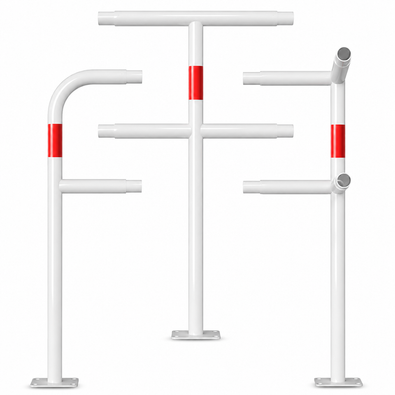 Witte, modulaire veiligheidsrailing Ø48 mm met rood reflecterende banden, op voetplaat, in diverse configuraties.
