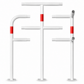 Modulair wit-rood veiligheidsrailing Ø48 mm systeem voor betonverankering.