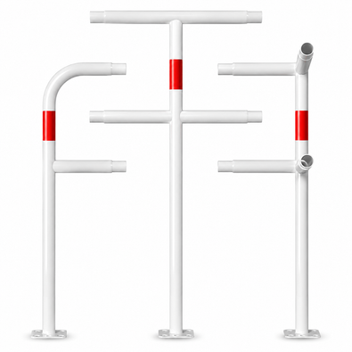 Modulair wit-rood veiligheidsrailing Ø48 mm systeem voor betonverankering.