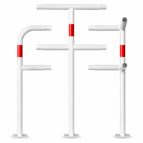 Modulair wit-rood veiligheidsrailing Ø48 mm systeem voor betonverankering.