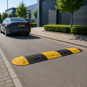 Gele en grijze verkeersdrempel van 5 cm hoog op een geasfalteerde weg met auto
