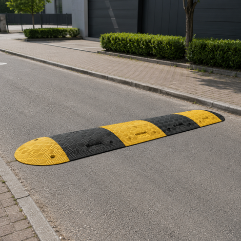 Geel met zwarte verkeersdrempel 7 cm hoogte in een straat