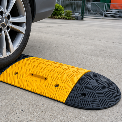 Geel zwarte verkeersdrempel 7 cm hoogte op een betonnen vloer met auto