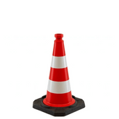 Rode verkeerskegel 50 cm met 2 witte reflecterende banen en verzwaarde zwarte voet.