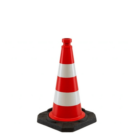 Rode verkeerskegel 50 cm met 2 witte reflecterende banen en verzwaarde zwarte voet.