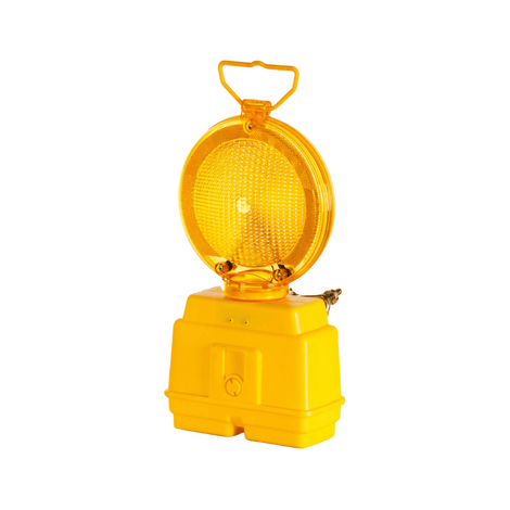 Geel waarschuwingslicht met ronde lamp en stevige basis, ideaal voor bouwplaatsen.
