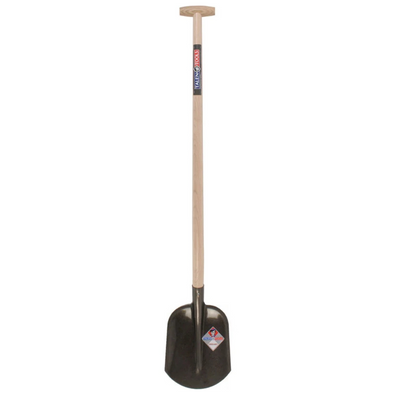 Graafschep van gehard staal met zwart blad, houten steel en T-greep.