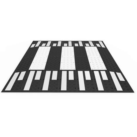 Zebra verkeersplateau, 400x350x10 cm, zwart met witte strepen, rubberen constructie.