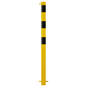 Gele en zwart gestreepte beschermpaal 70x70 mm met 1 kettingoog, voor betonverankering.