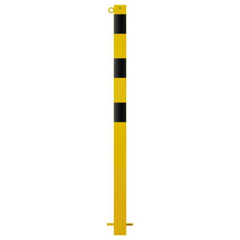 Gele en zwart gestreepte beschermpaal 70x70 mm met 1 kettingoog, voor betonverankering.