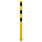 Gele en zwarte 70x70 mm beschermpaal met 2 kettingogen, voor betonverankering.