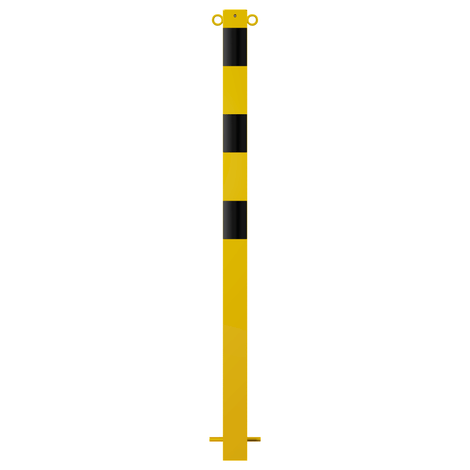 Gele en zwarte 70x70 mm beschermpaal met 2 kettingogen, voor betonverankering.