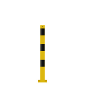 Gele en zwart gestreepte beschermpaal 70x70 mm met voetplaat voor betonverankering.