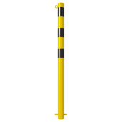 Gele en zwarte beschermpaal Ø76 mm voor betonverankering, met 1 kettingoog.