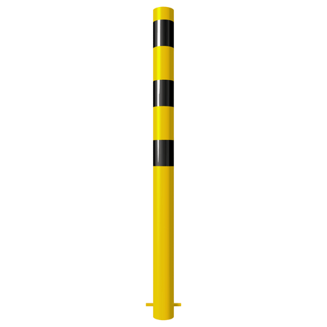 Gele en zwarte Ø89 mm beschermpaal voor betonverankering, met reflecterende strepen.