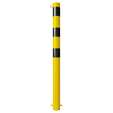 Gele en zwart gestreepte beschermpaal Ø89 mm met kettingoog voor betonverankering.