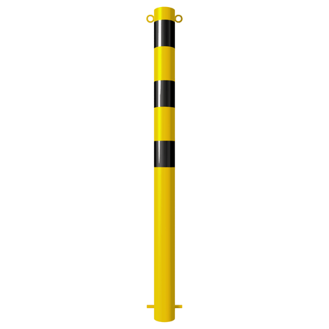 Gele stalen beschermpaal Ø89 mm met zwarte strepen en 2 kettingogen, voor betonverankering.