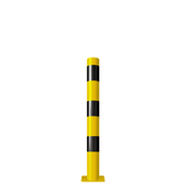 Gele en zwarte beschermpaal Ø89 mm met voetplaat voor betonverankering.