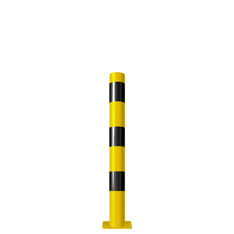 Gele en zwarte beschermpaal Ø89 mm met voetplaat voor betonverankering.