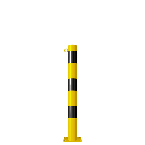 Gele en zwart gestreepte beschermpaal Ø89 mm met voetplaat en 1 kettingoog.