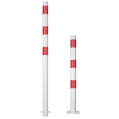 Twee wit-rode parkeerpalen, Ø60 mm, één voor betonverankering en één met voetplaat.