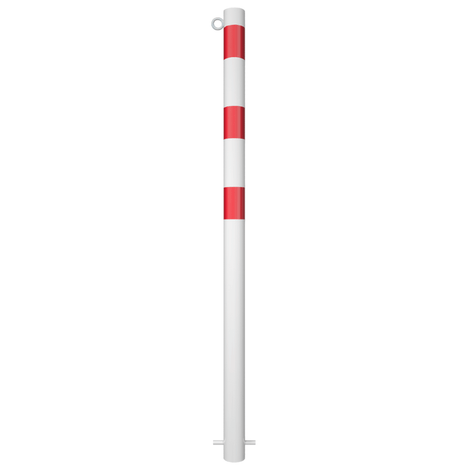 Witte parkeerpaal Ø60 mm met rode strepen, kettingoog en betonverankering.