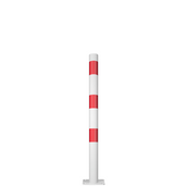 Witte parkeerpaal Ø60 mm met drie rode reflecterende banden, op een voetplaat.
