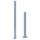 Twee verzinkt stalen parkeerpalen, 70x70 mm, één voor betonverankering, één met voetplaat.