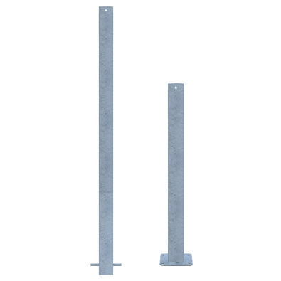 Twee verzinkt stalen parkeerpalen, 70x70 mm, één voor betonverankering, één met voetplaat.