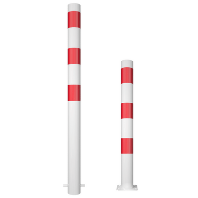 Twee wit-rode parkeerpalen, Ø89 mm, één voor betonverankering en één met voetplaat.