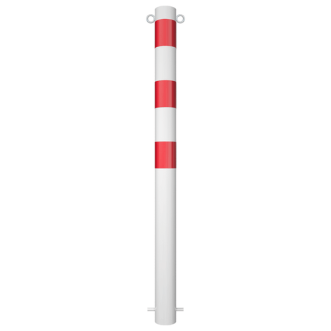 Witte en rood gestreepte parkeerpaal Ø89 mm voor betonverankering, met twee kettingogen.