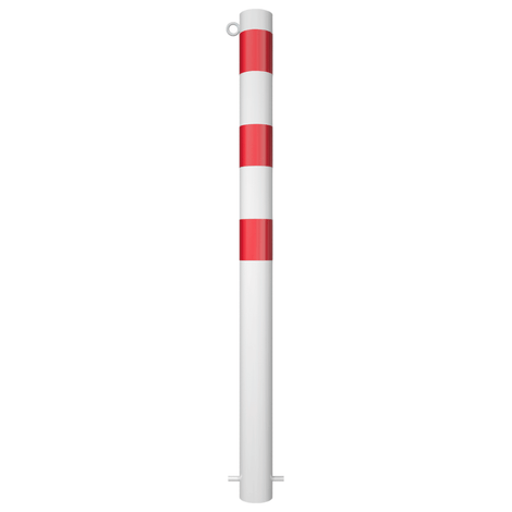 Witte en rood gestreepte parkeerpaal Ø89 mm met kettingoog, voor betonverankering.