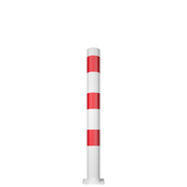 Witte parkeerpaal Ø89 mm met rode strepen, op een voetplaat, voor verkeersbeheer.