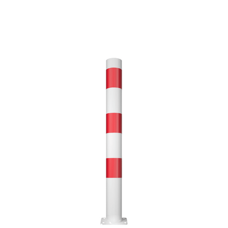 Witte parkeerpaal Ø89 mm met rode strepen, op een voetplaat, voor verkeersbeheer.